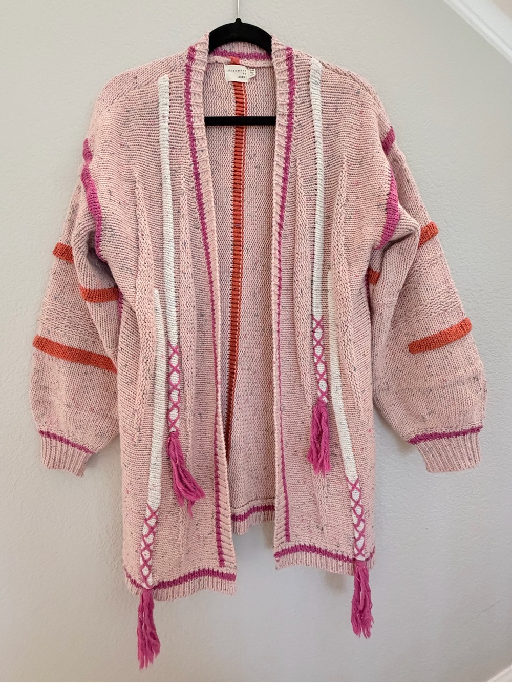 Dreamers by Debut Boho Tassel Cardigan Open Front Knit Sweater Pink S/M